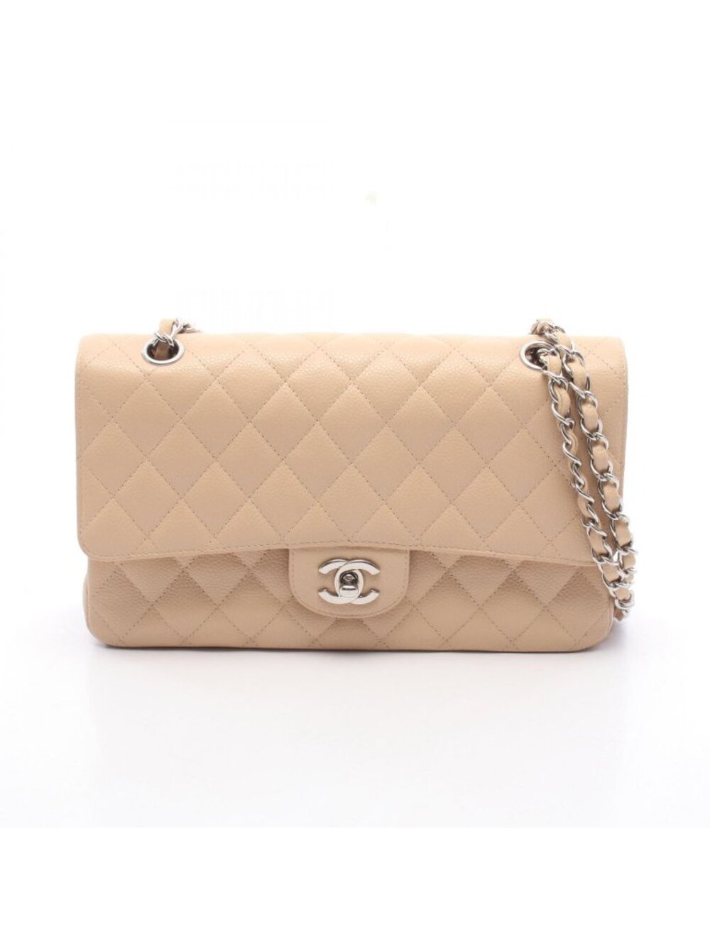 Chanel Shoulder Bag Quilted Double Flap Beige Caviar Leather Chain